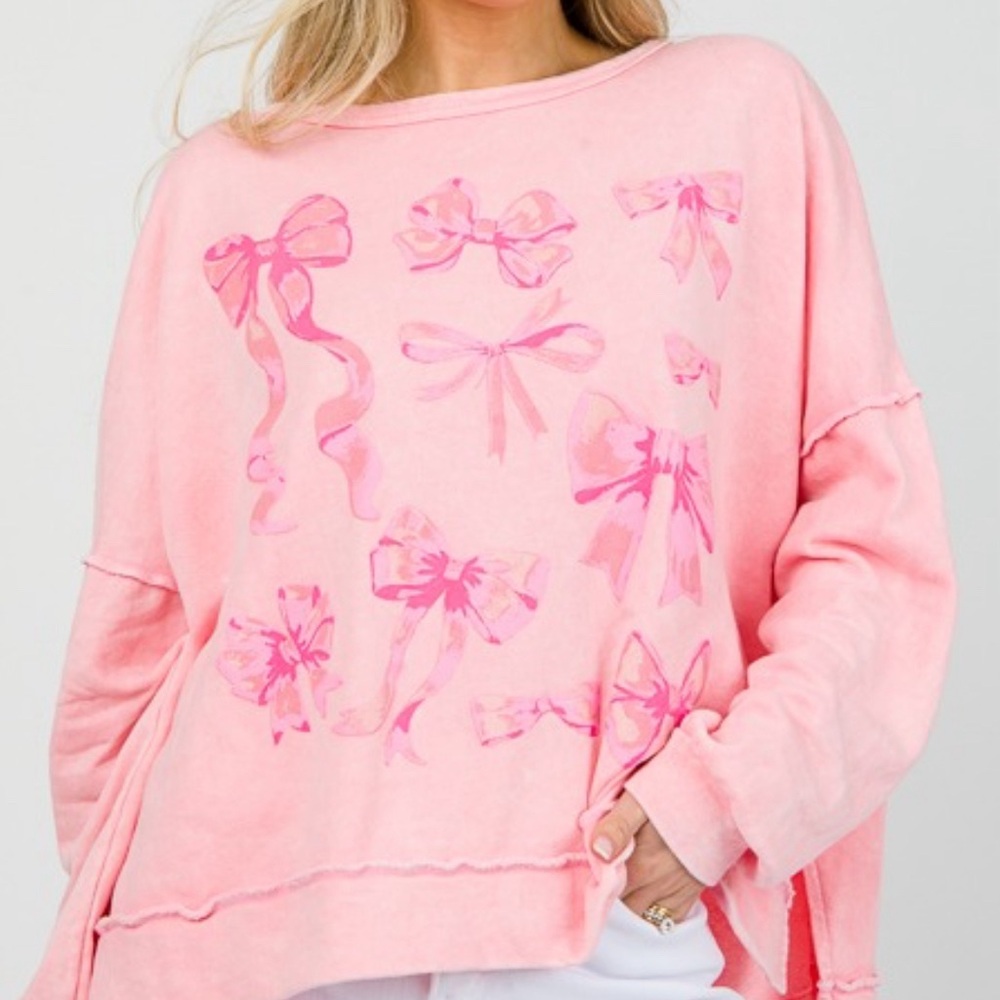 Bow Print‎ Sweatshirt, Pink